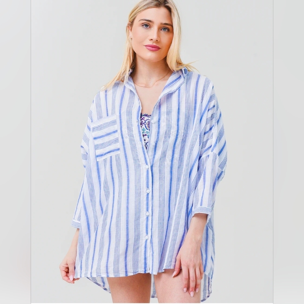 Stark X Relaxed White Stripe Button Down Oversized Cover-up Dress